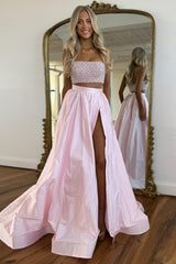 White Prom Dress 2 Piece Beaded Satin Long Formal Dress With Slit