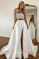 White Prom Dress 2 Piece Beaded Satin Long Formal Dress With Slit