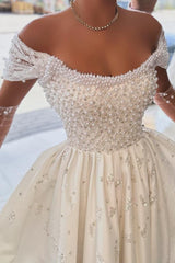 White Prom Dress A Line Strapless Off The Shoulder Sleeveless Beaded Satin Formal Dress With Pearls