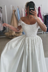 White Prom Dress A Line Strapless Off The Shoulder Sleeveless Beaded Satin Formal Dress With Pearls