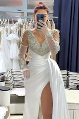 White Prom Dress A Line V Neck Sleeveless Beaded Front Slit Panel Train Satin Formal Dress With Rhinestones