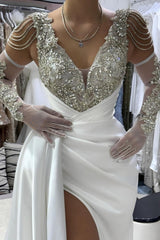 White Prom Dress A Line V Neck Sleeveless Beaded Front Slit Panel Train Satin Formal Dress With Rhinestones