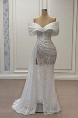 White Prom Dress Mermaid Strapless Sequined Off The Shoulder Sleeveless Tulle Formal Dress With Slit