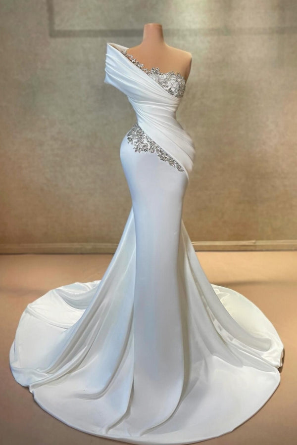 White Prom Dress One Shoulder Mermaid Lace Satin Formal Dress With Rhinestones