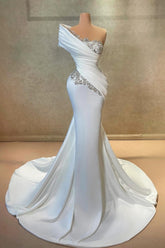 White Prom Dress One Shoulder Mermaid Lace Satin Formal Dress With Rhinestones