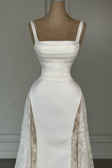 White Prom Dress Spaghetti Strap A Line Sleeveless Satin Lace Floor Length Simple Formal Dress