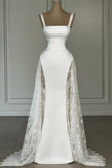 White Prom Dress Spaghetti Strap A Line Sleeveless Satin Lace Floor Length Simple Formal Dress