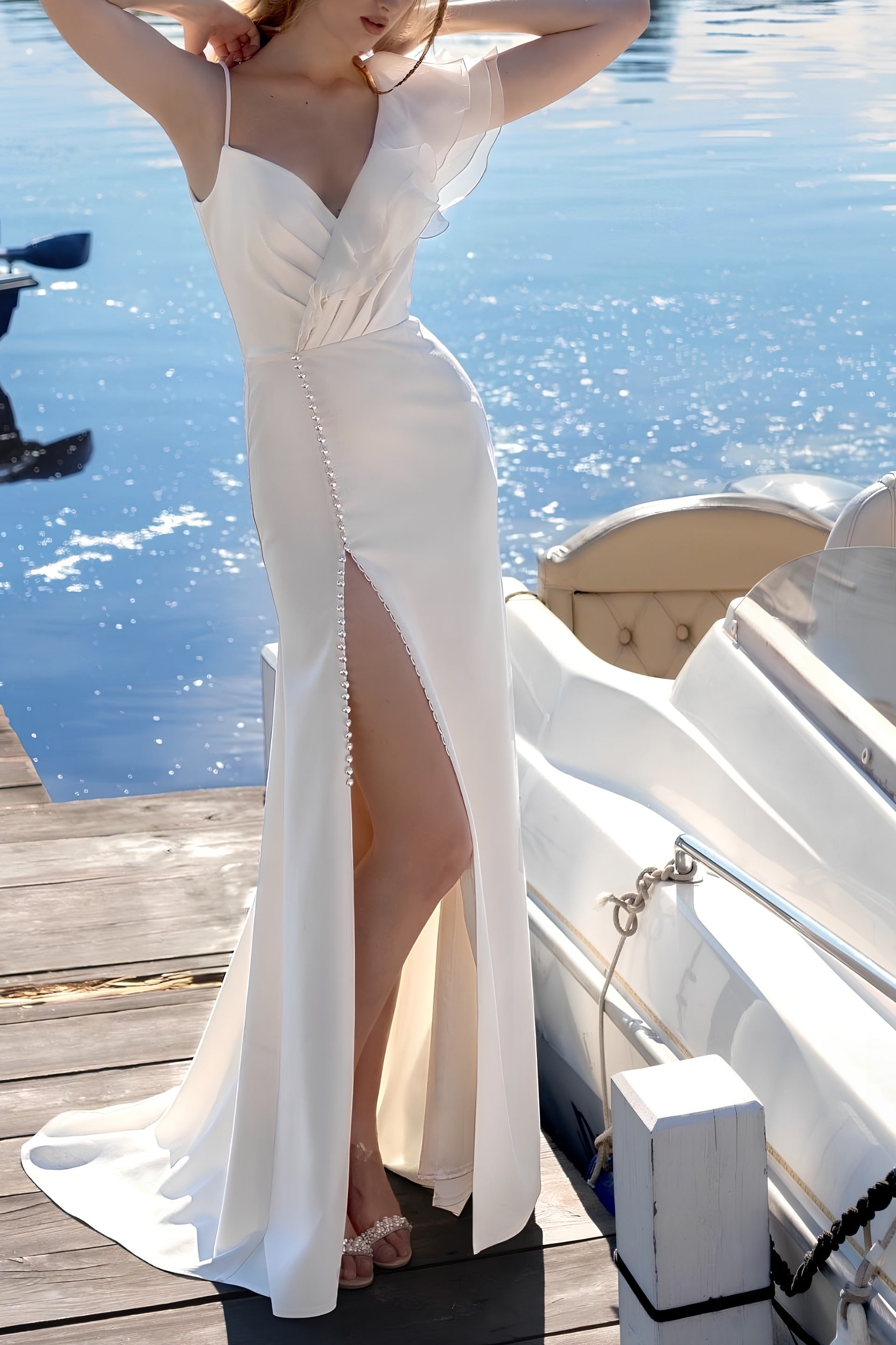 White Prom Dress V Neck Sheath/Column Evening Dress with Slit