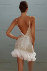 White Sequin V-Neck Bodycon Short Graduation Dress