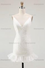White Sequin V-Neck Bodycon Short Graduation Dress
