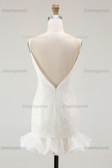 White Sequin V-Neck Bodycon Short Graduation Dress