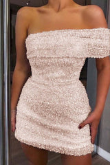 White Sequined Homecoming Dress One Shoulder Strapless Sleeveless Short Cocktail Dress