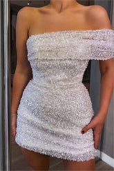 White Sequined Homecoming Dress One Shoulder Strapless Sleeveless Short Cocktail Dress