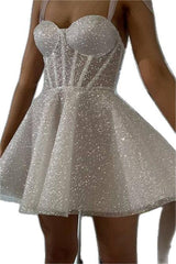 White Sequined Homecoming Dress Spaghetti Straps Sleeveless A Line Short Cocktail Dress