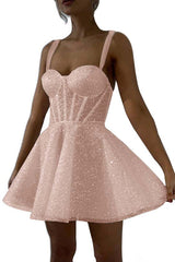 White Sequined Homecoming Dress Spaghetti Straps Sleeveless A Line Short Cocktail Dress