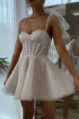White Sequined Homecoming Dress Spaghetti Straps Sleeveless A Line Short Cocktail Dress