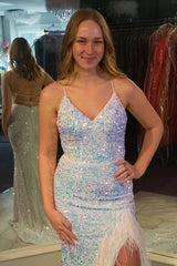 White Sequins Long Mermaid Prom Dress with Feathers