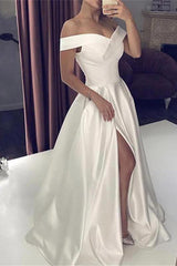 White Silky Off The Shoulder High Split Princess Wedding Dress
