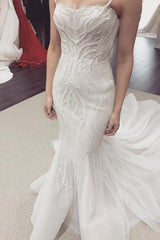 White Sleeveless Mermaid Beaded Wedding Dress With Panel Train