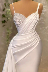 Ivory Spaghetti Strap Long Mermaid Wedding Dress with Pearls