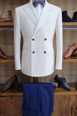 White Striped Double Breasted Peaked Lapel Prom Suit with Blue Pants