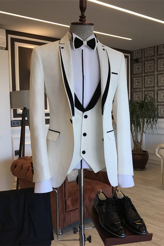 White Three Piece Peaked Lapel Prom Suit