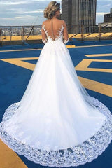White Tulle Wedding Dress A Line Long Sleeves Bridal Dress with Lace Appliques