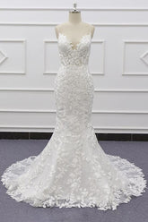 White Tulle Wedding Dress Lace Appliques Spaghetti Straps Mermaid Bridal Dress