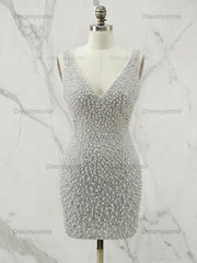 White V Neck Pearl Embellished Short Homecoming Dress