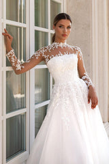 White Wedding Dress A Line Lace High Neck Long Illusion Sleeves Sweep Train Tulle Bridal Gown With Appliques