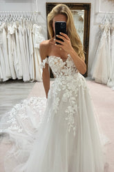 White Wedding Dress A Line Lace Off The Shoulder Sleeveless Cathedral Train Tulle Bridal Gown With Appliques