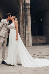 White Wedding Dress A Line Lace Organza Sleeveless Backless Bridal Gown