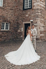 White Wedding Dress A Line Lace Organza Sleeveless Backless Bridal Gown