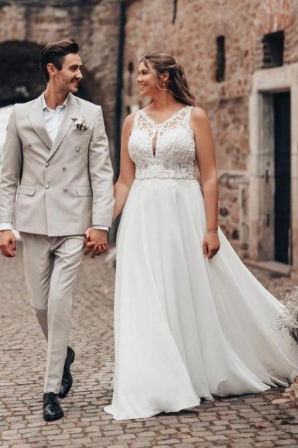 White Wedding Dress A Line Lace Organza Sleeveless Backless Bridal Gown