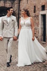 White Wedding Dress A Line Lace Organza Sleeveless Backless Bridal Gown