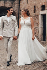 White Wedding Dress A Line Lace Organza Sleeveless Backless Bridal Gown