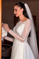 White Wedding Dress A Line Long Sleeves Beaded Lace Capel Train Long Bridal Gown