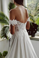 White Wedding Dress A Line Off The Shoulder Bridal Gown With Slit