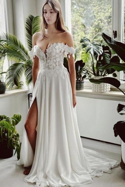 White Wedding Dress A Line Off The Shoulder Bridal Gown With Slit