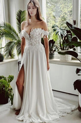 White Wedding Dress A Line Off The Shoulder Bridal Gown With Slit