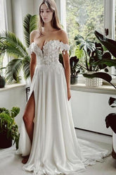 White Wedding Dress A Line Off The Shoulder Bridal Gown With Slit