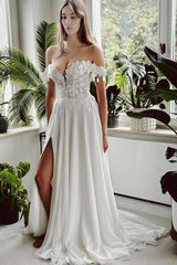 White Wedding Dress A Line Off The Shoulder Bridal Gown With Slit