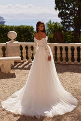 White Wedding Dress A Line Off The Shoulder Sleeve Tulle Bridal Gown With Appliques
