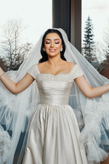 White Wedding Dress A Line Off The Shoulder Sleeveless Beaded Ruffle Satin Bridal Gown With Slit