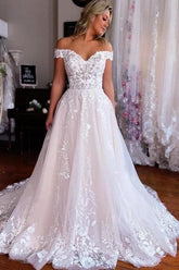 White Wedding Dress A Line Off The Shoulder Sleeveless Bridal Gown With Lace