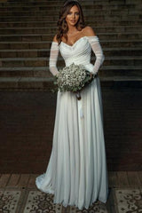 White Wedding Dress A Line Off The Shoulder Sleeves Ruffles Bridal Gown