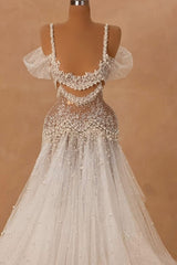 White Wedding Dress A Line Off The Shoulder Spaghetti Strap Beaded Lace Sleeveless Long Tulle Bridal Gown With Pearls