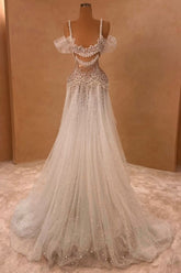 White Wedding Dress A Line Off The Shoulder Spaghetti Strap Beaded Lace Sleeveless Long Tulle Bridal Gown With Pearls
