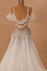 White Wedding Dress A Line Off The Shoulder Spaghetti Strap Beaded Lace Tulle Bridal Gown With Pearls