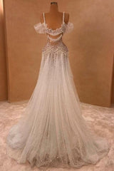 White Wedding Dress A Line Off The Shoulder Spaghetti Strap Beaded Lace Tulle Bridal Gown With Pearls